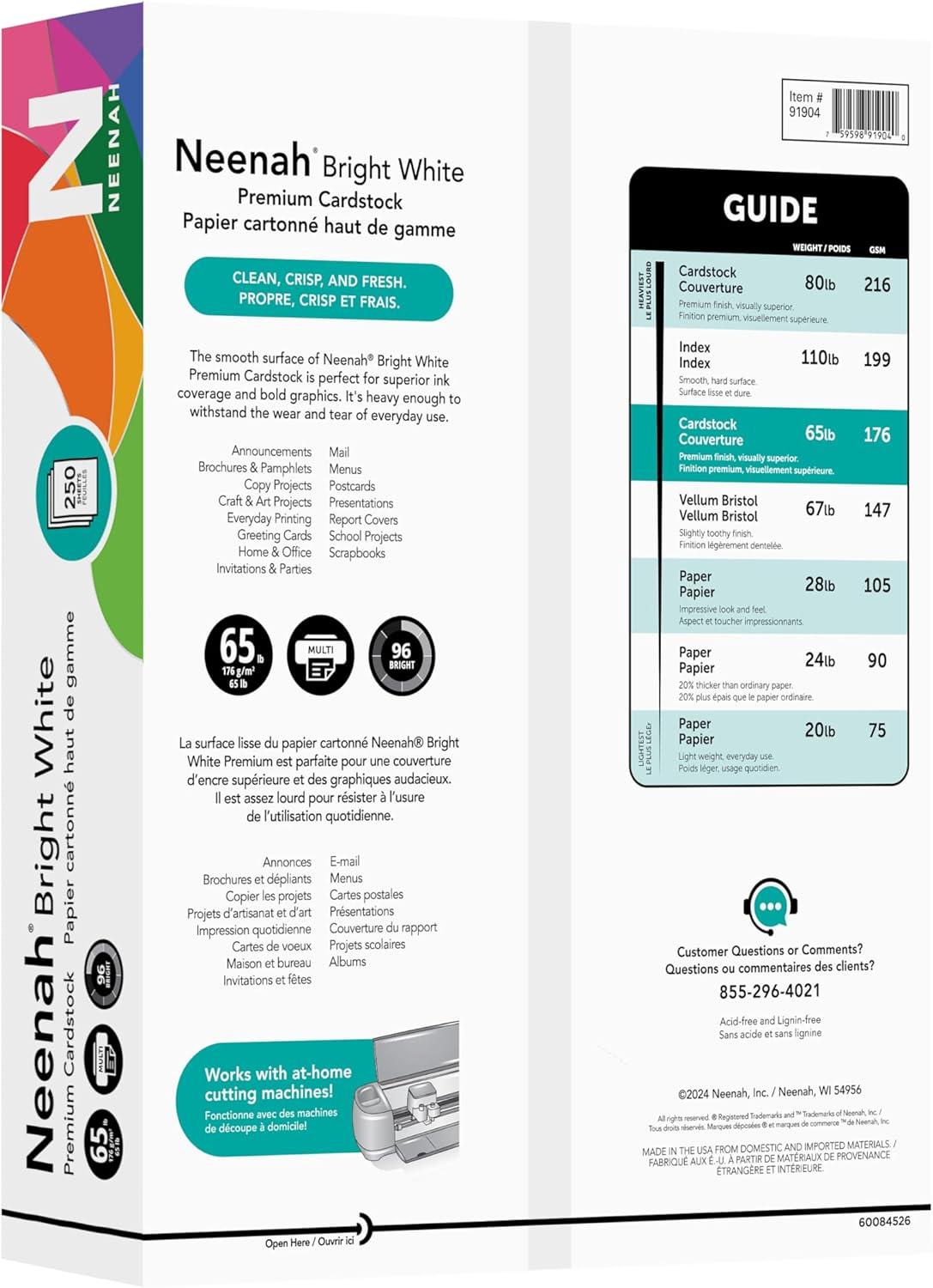 image:imageNeenah Bright White Bright White Card Stock 96 Bright 65 lb Cover Weight 85 x 11 250Pack